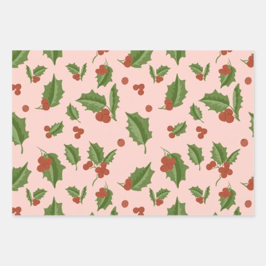 Rosa Geschenkpapier mit Stechpalme Set (Vorderseite)