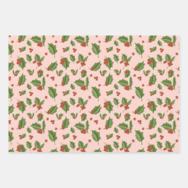 Rosa Geschenkpapier mit Stechpalme Set