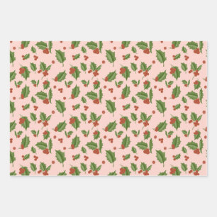 Rosa Geschenkpapier mit Stechpalme Set