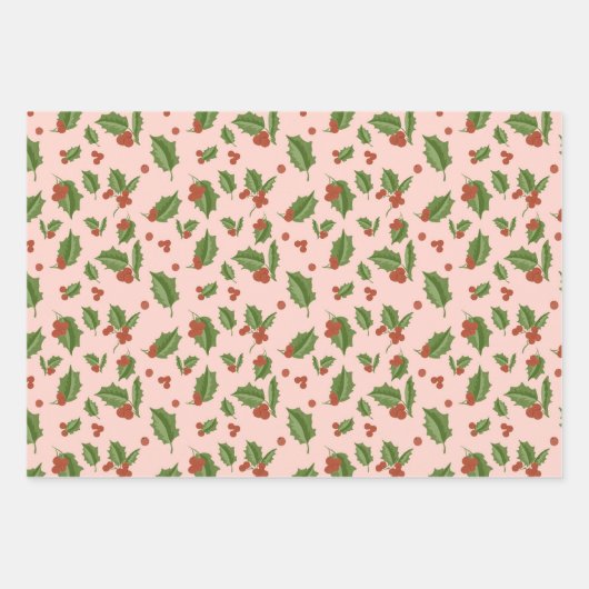 Rosa Geschenkpapier mit Stechpalme Set (Vorderseite)