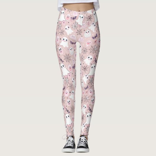Rosa Gespenster & Halloween Elemente Nahtloses Mus Leggings (Vorderseite)