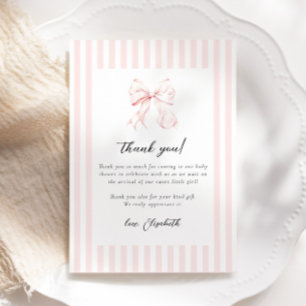 Rosa gestreifte Baby Shower mit Schleife Dankeskarte