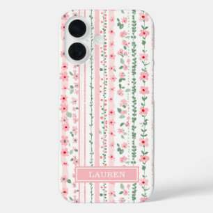 Rosa gestreifte florale Personalisierung iPhone 16 Hülle