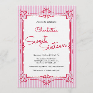 Rosa gestreifte Glam-Prinzessin Sweet 16 Party Einladung