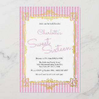 Rosa gestreifte Glam-Prinzessin Sweet 16 Party Folieneinladung