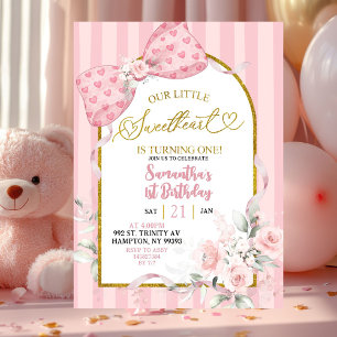 Rosa gestreifte kokette Herzchen zum ersten Geburt Einladung