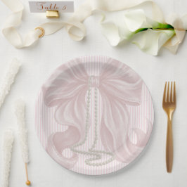 Rosa gestreifte Schleife und Perlenhalskette Pappteller