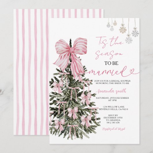 Rosa gestreifte Schleife Weihnachtsbaum Paar Hochz Einladung (Vorne/Hinten)