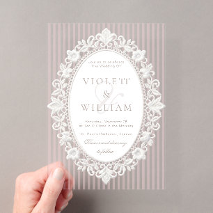 Rosa gestreifte Vintage-Spitze Old Money Hochzeit Acryleinladungen