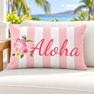 Rosa gestreifter Aloha-Hibiskus-Tropenstil Kissen Für Draußen