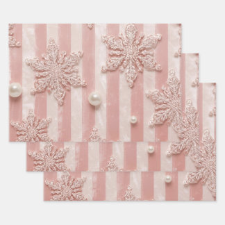Rosa gestreifter Veltschneeflocke Geschenkpapier Set