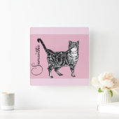 Rosa getigerte Katze Katzen Rosa Mädchen Name Kind Quadratische Wanduhr (Zuhause)