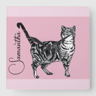 Rosa getigerte Katze Katzen rosa Mädchen Name Kind Quadratische Wanduhr