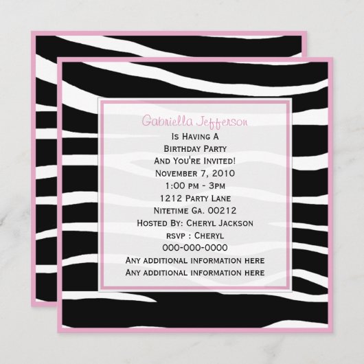 Rosa getrimmt: Zebra-Party Einladung (Vorne/Hinten)