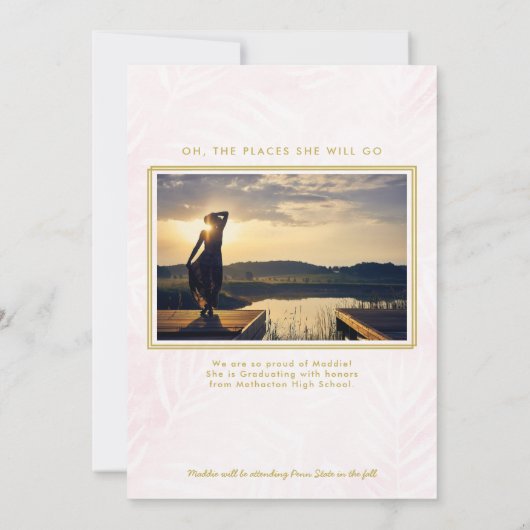 Rosa gewaschte Palmen und Goldrahmen Foto Abschlus Ankündigung (Rückseite)