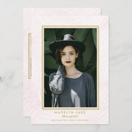 Rosa gewaschte Palmen und Goldrahmen Foto Abschlus Ankündigung (Vorne/Hinten)