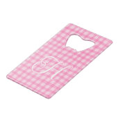 Rosa gewelltes Gingham-Mädchen-Lockschrift-Monogra Geldbeutel Flaschenöffner (Vorderseite Schrägansicht)