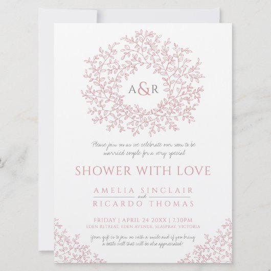 Rosa gezeichnet Blatt-Monogramm-Paare Dusche Einladung (Vorderseite)