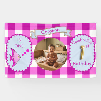 Rosa Gingham 1. Geburtstags-Photo-Fisch-Party Banner