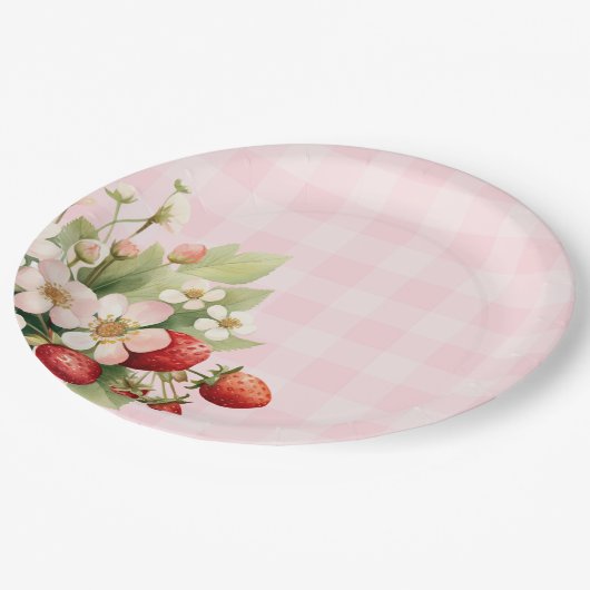 Rosa Gingham Babydusche Pappteller (Schrägansicht)