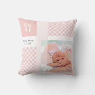 Rosa Gingham-Babyfoto Geburtsanzeige Kissen