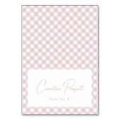Rosa Gingham-Babyshower-Namensplatzkarte Tischnummer (Vorderseite)