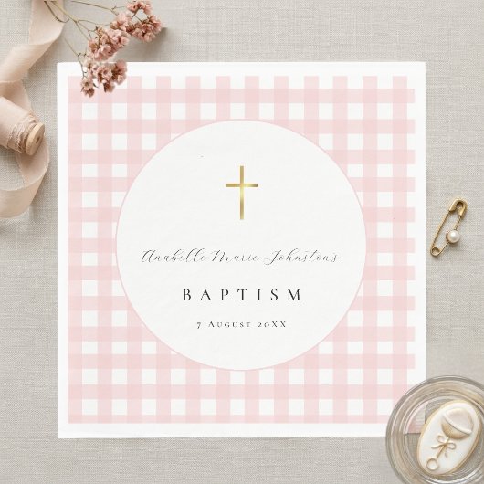 Rosa Gingham-Babytaufe-Papier Serviette