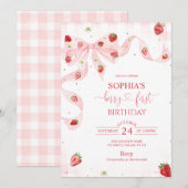 Rosa Gingham-Beere Erste Erdbeere 1. Geburtstag Einladung (Vorne/Hinten)