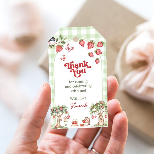 Rosa Gingham-Beere Erste Erdbeere 1. Geburtstag Geschenkanhänger