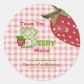 Rosa Gingham-Beere Süße Erdbeeren Geburtstag Runder Aufkleber (Vorderseite)