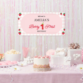 Rosa Gingham "Berry 1. Geburtstag" Willkommensbann Banner