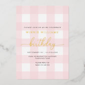 Rosa Gingham Birthday Gold Foil Einladung (Vorderseite)