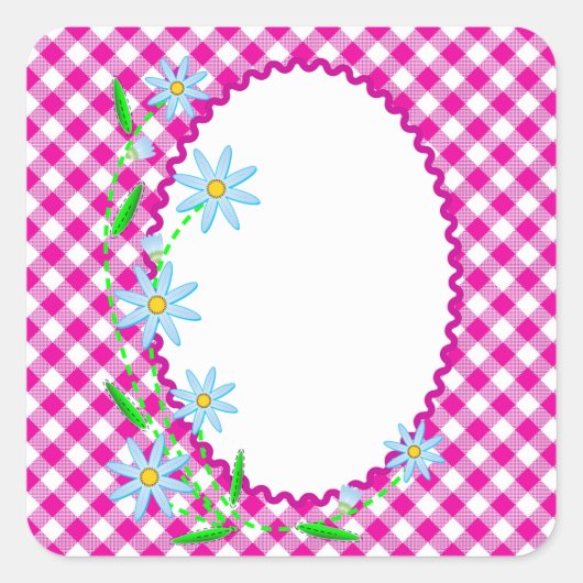 Rosa Gingham & Blume Hintergrundaufkleber für den Quadratischer Aufkleber (Vorderseite)