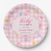 Rosa Gingham Blumen-Schleife Baby Shower Papier-Te Pappteller (Vorderseite)