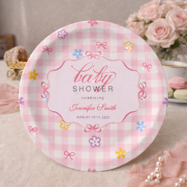Rosa Gingham Blumen-Schleife Baby Shower Papier-Te Pappteller
