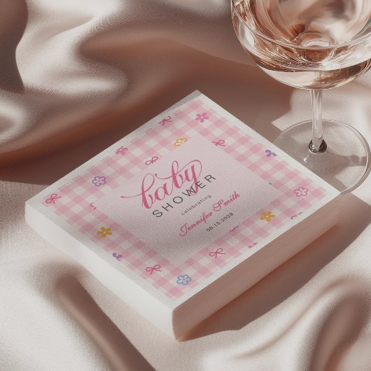 Rosa Gingham-Blumen-Schleife Baby Shower Serviette