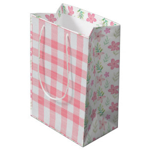 Rosa Gingham-Blumen Süßes Karo Mädchenhaft Hübsch Mittlere Geschenktüte