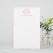 Rosa Gingham-Blumen-Wappen-Monogramm Briefpapier (Stehend Vorderseite)