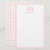 Rosa Gingham-Blumen-Wappen-Monogramm Briefpapier (Vorne/Hinten)