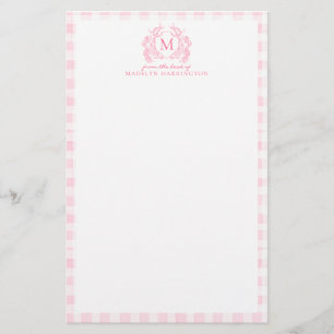 Rosa Gingham-Blumen-Wappen-Monogramm Briefpapier