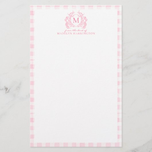 Rosa Gingham-Blumen-Wappen-Monogramm Briefpapier (Vorderseite)