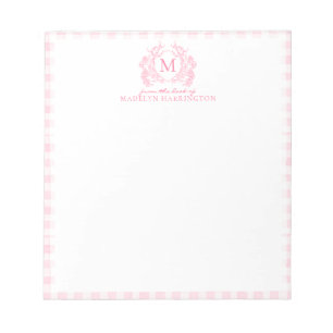 Rosa Gingham-Blumen-Wappen-Monogramm Notizblock
