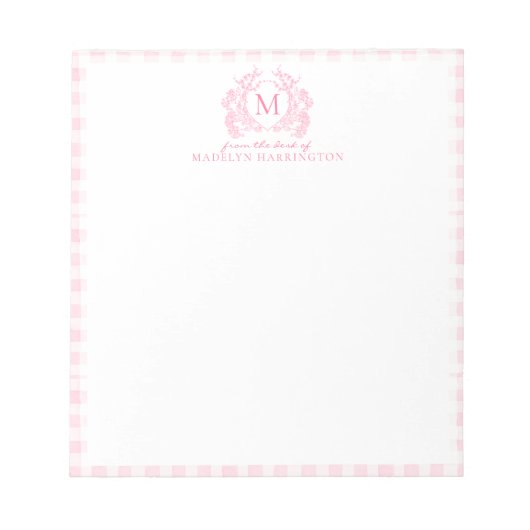 Rosa Gingham-Blumen-Wappen-Monogramm Notizblock (Vorderseite)