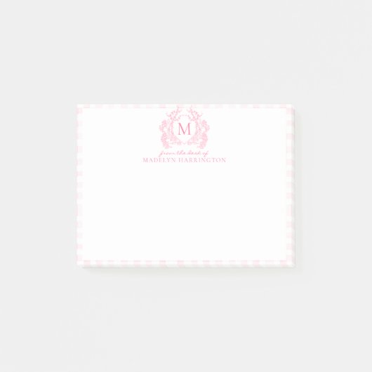Rosa Gingham-Blumen-Wappen-Monogramm Post-it Klebezettel (Vorderseite)