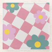 Rosa Gingham-Blumenmuster – Retro süße Blumen Glasuntersetzer (Vorderseite)