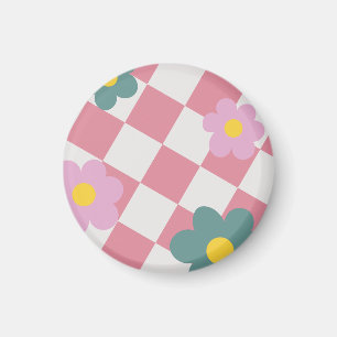 Rosa Gingham-Blumenmuster – Retro süße Blumen  Magnet