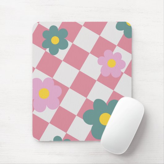 Rosa Gingham-Blumenmuster – Retro Süße Blumen Mousepad (Mit Mouse)
