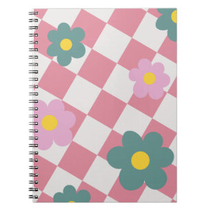Rosa Gingham-Blumenmuster – Retro Süße Blumen  Notizblock