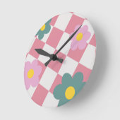 Rosa Gingham-Blumenmuster – Retro süße Blumen  Runde Wanduhr (Winkel)