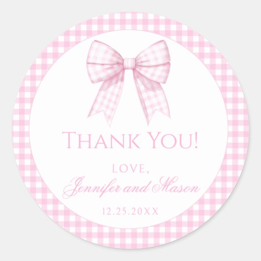 Rosa Gingham Bogen Mädchen Dusche danke Runder Aufkleber (Vorderseite)